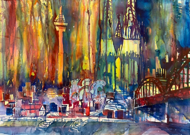 Aquarell mit Deutzer Eisenbahnbrücke und dem Dom und dem Fernsehturm in Köln