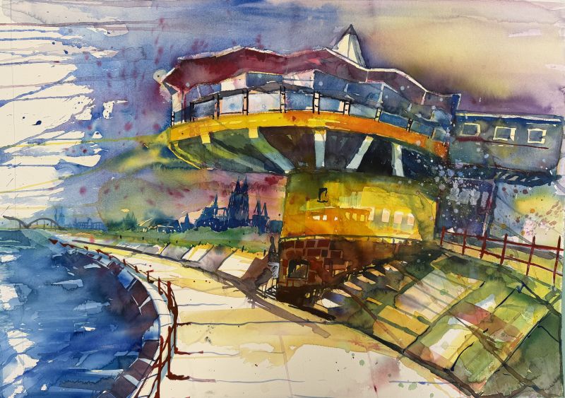 Aquarell aus 2026: Bastei am Rhein in Köln