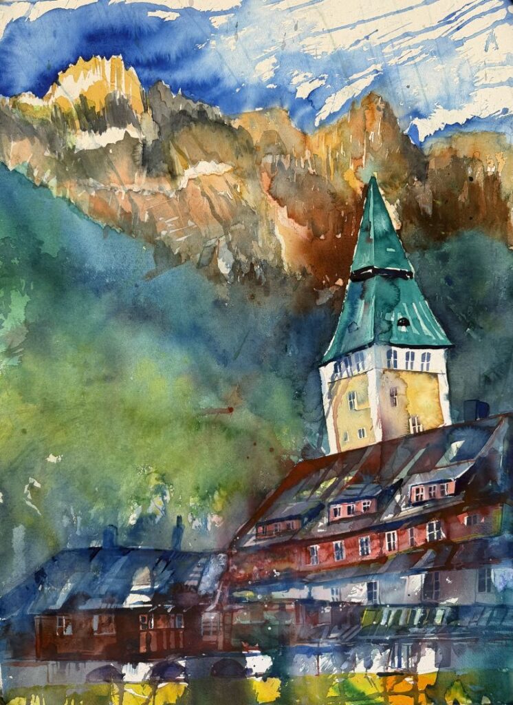 Aquarell aus 2026: Schloß Elmau in Bayern