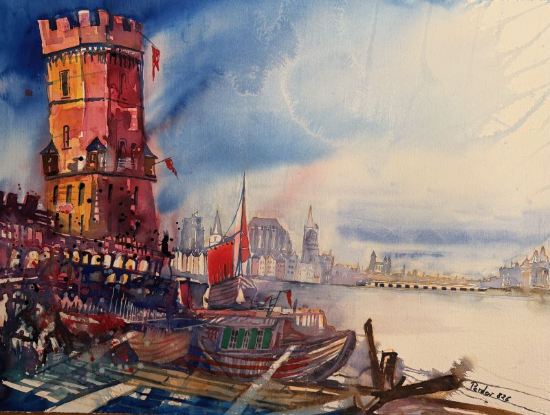 Aquarell aus 2026: Bayenturm in Köln am Rhein