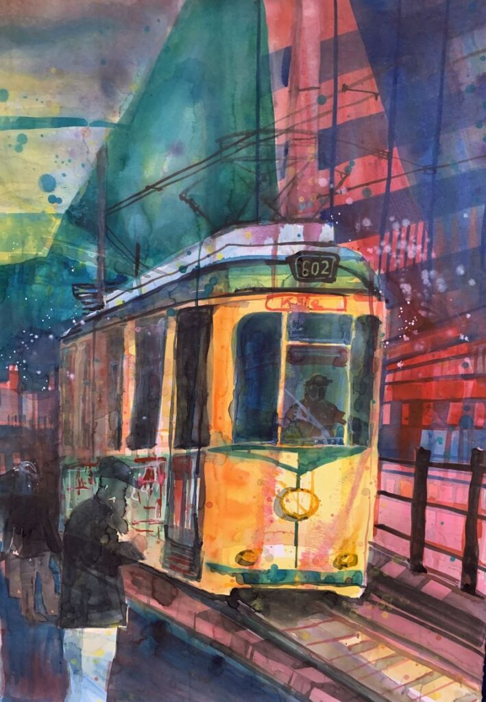 Aquarell aus 2023: Kölner Tram Linie 602