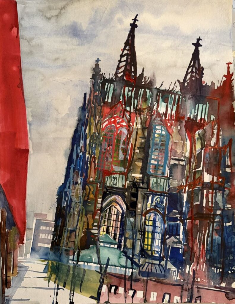Aquarell aus 2026: Kölner Dom vom Museum Ludwig aus