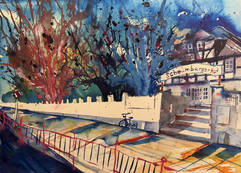 Aquarell aus 2026:Außenansicht Schaumburger Hof am Rheinufer bei Plittersdorf