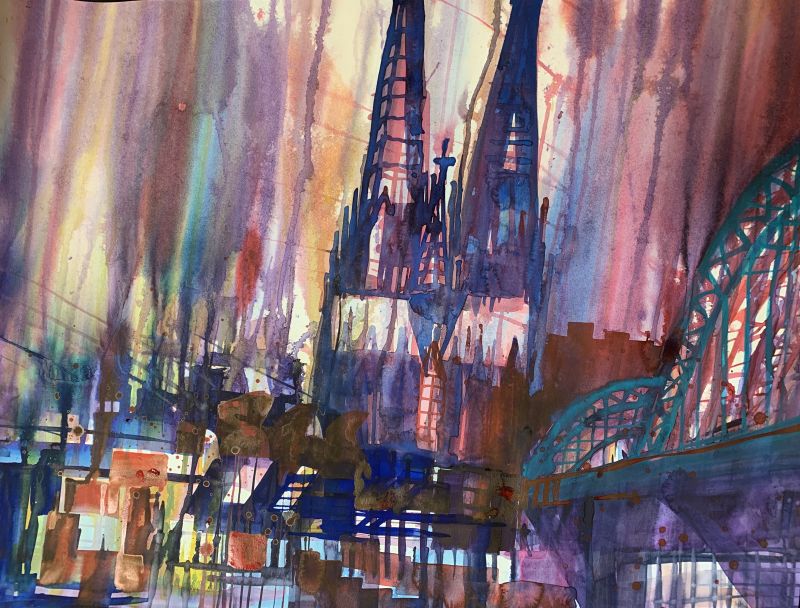 Aquarell aus 2020: Kölner Dom mit Deutzer Eisenbahnbrücke SOLD