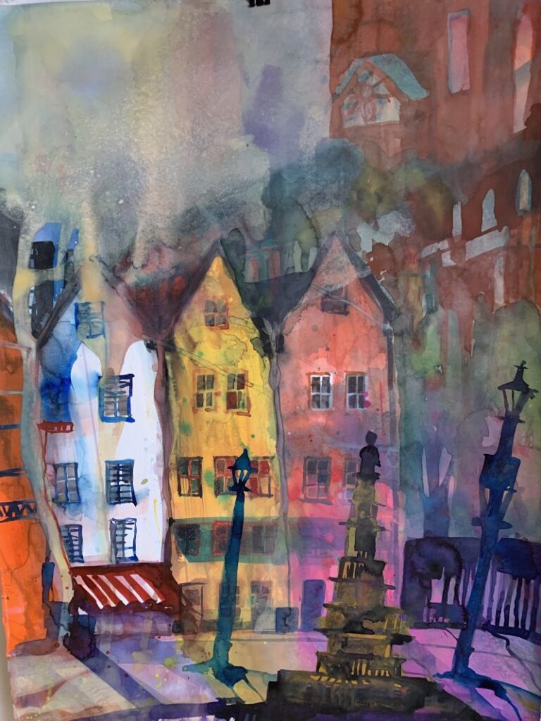Aquarell aus 2023: Stapelhäuschen am Rheinufer in Köln SOLD